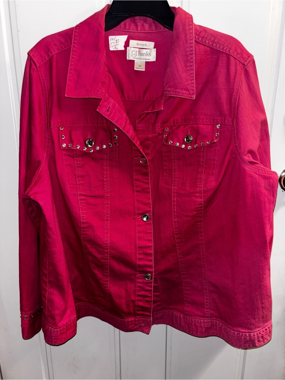 CJ Banks 1x stretch Fuchsia Embellished Button-Front Jean Jacket ptp:24-27 L-26